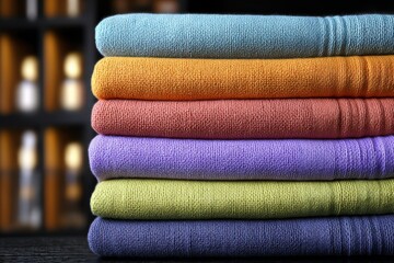 Poster - stack of colorful cotton towels on a dark wooden table, with a blurred background. showcasing pastel