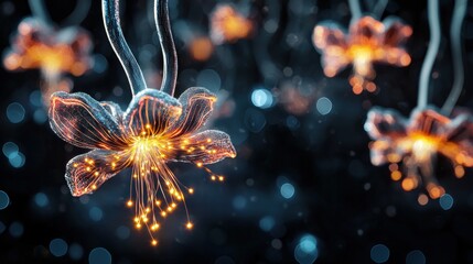 Poster - Illuminated floral art installation urban space digital artwork enchanted atmosphere close-up nature meets technology