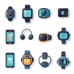 Aufkleber - Tech sticker set features flat icons of smartphones, smartwatches, VR headsets and wireless earbuds in modern design style