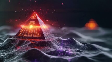 Poster - illuminated pyramid structures surreal landscape digital art futuristic environment aerial view myst
