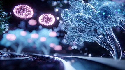 Poster - Vibrant light-infused trees futuristic landscapes digital art abstract environment close-up view nature concept