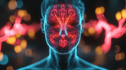 Poster - Futuristic neon portrait digital art urban environment close-up concept of neural connections