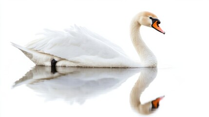 Poster - Swan gracefully gliding over calm water surface with perfect reflection against a white background