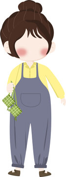 Illustration girl bring ketupat