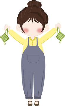 Illustration girl bring ketupat