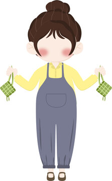 Illustration girl bring ketupat
