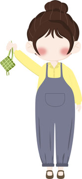 Illustration girl bring ketupat