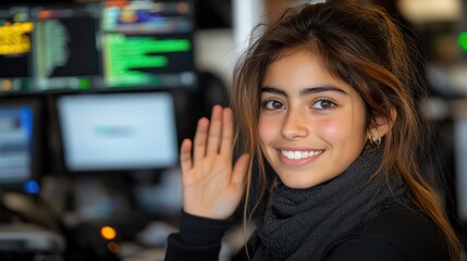 Young woman waving at camera in modern tech office environment