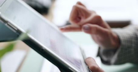 Poster - Tablet, screen typing and hands of woman for online business project, website review and social networking. Office, professional and worker on digital tech for research, report and internet search