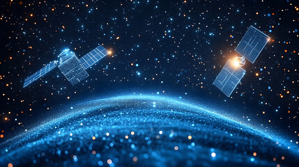 Poster - abstract 3d satellites in space. global internet communications, satellite network concept. vector m