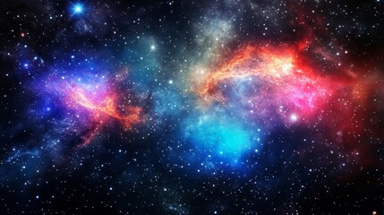 A cosmic nebula characterized by vibrant colors, swirling gases, and distant stars symbolizes the exploration and wonder of the universe