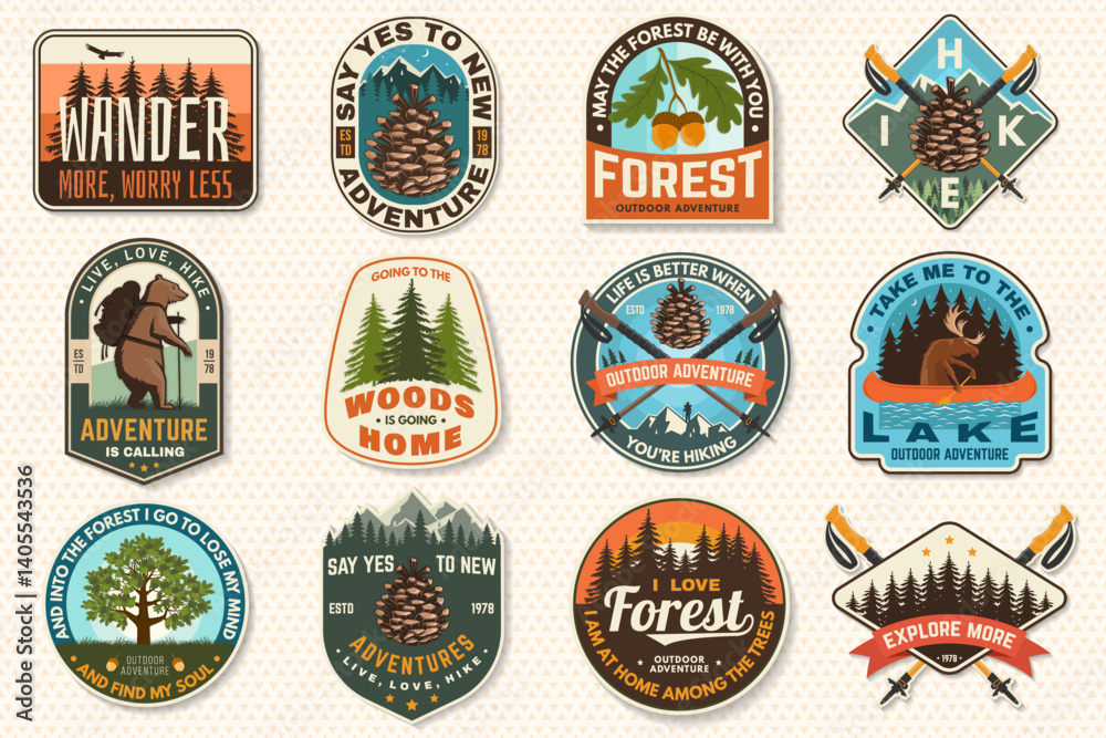 Set of hiking patch design with inspirational adventure quotes. Concept ...