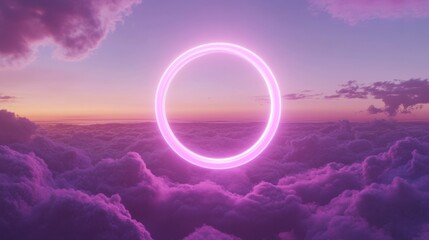 Fototapete - Pink neon ring above clouds at sunset