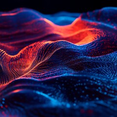 Poster - Abstract digital landscape of glowing, undulating data points in vibrant red and blue hues.  Detailed,  intricate patterns