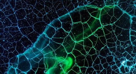 A mesmerizing close-up of a vibrant neon network pattern, featuring glowing blue and green lines interwoven against a dark, starry background