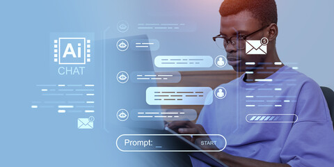 Poster - Man interacting with AI chatbot interface on laptop in futuristi