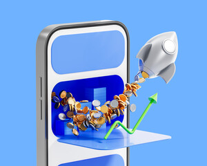 Poster - rocket launching from smartphone with coins and upward arrow symbolizing financial growth, investmen