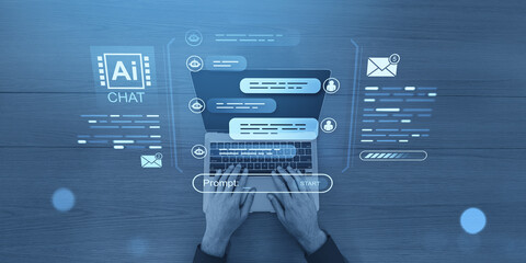 Poster - hands typing on laptop with ai chatbot interface overlay on wooden desk background.