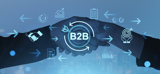 Poster - B2B handshake with digital business icons and arrows on blue background concept.