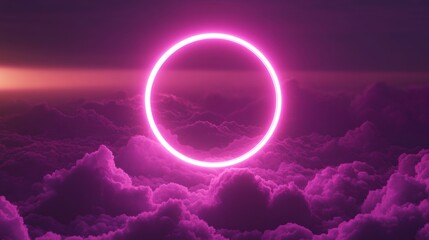 Fototapete - Neon circle over clouds at sunset