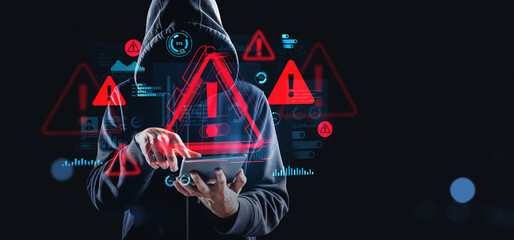 Poster - Hooded hacker using tablet with digital warning symbols and cybersecurity alerts on futuristic creative background interface.