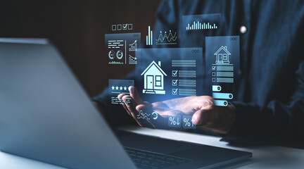 Poster - Digital real estate data analysis with futuristic holograms above laptop and hands on creative dark background concept of property investment technology.