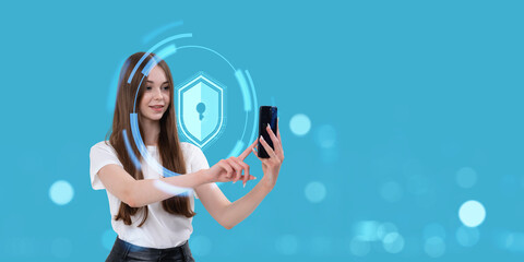 Poster - Woman using biometric face scan for mobile verification on blue