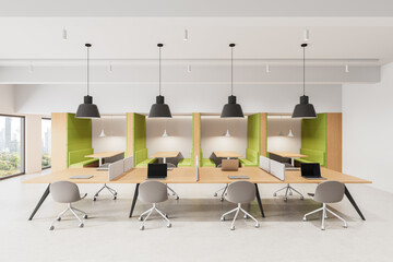 Poster - Modern open space office interior with shared workstations and green meeting booths, designed in minimalist style with natural lighting and clean layout. 3D Rendering