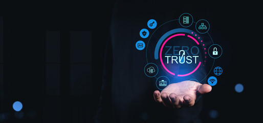 Poster - cybersecurity concept with zero trust model icons floating above a human hand on dark creative backg