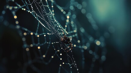 A spider sits patiently within its glistening web structure