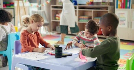 Poster - Children, school and drawing for art, playing and development in kindergarten classroom. Kids, writing and motor skills for growth, education progress and creative students with toys at academy