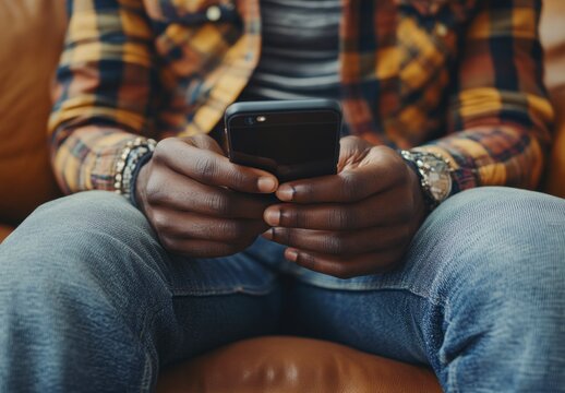 Person Using Smartphone in Casual Outfit Sitting on Couch
