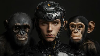 Poster - A humanoid cyborg with a synthetic face surrounded by two chimpanzees, symbolizing evolution, artificial intelligence, and the merging of biology with advanced technology. Sci-fi transhumanist concept