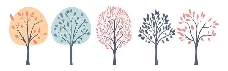 Set of tree and leaf collection hand drawn flat design vector element. botanical set of bare trees and ones with leaves and lush green