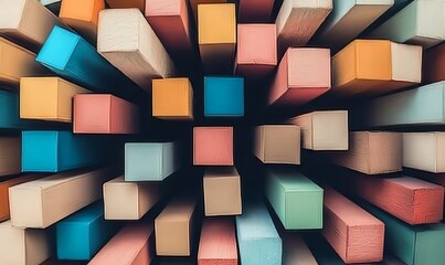 Leinwandbilder - Colorful stacked boxes arranged in a symmetrical pattern, showcasing vibrant hues and textures from a bird's eye view during daylight ,