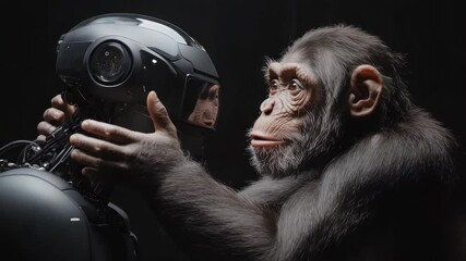Poster - Advanced AI humanoid robot interacting with a chimpanzee, exchanging a symbolic gesture, representing artificial intelligence, evolution, and the connection between technology and nature in a dark fut