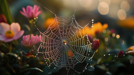 A delicate spider web covered with morning dew drops