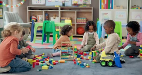 Poster - Kids, students and play with blocks in classroom of learning, problem solving and creative activity. Children, toys and floor for education game, puzzle solution and motor development in kindergarten