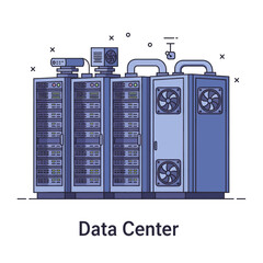 Poster - Server Room Fortress: Illustrated in a flat design, robust servers stand as sentinels of data, their intricate systems humming with the silent work of the digital age.