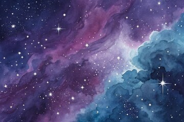 watercolor galaxy art. purple, blue nebula with stars.