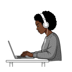 Poster - Focused Concentration: A woman with curly hair, immersed in her work on a laptop, wearing headphones. It captures her focus and dedication to her work.