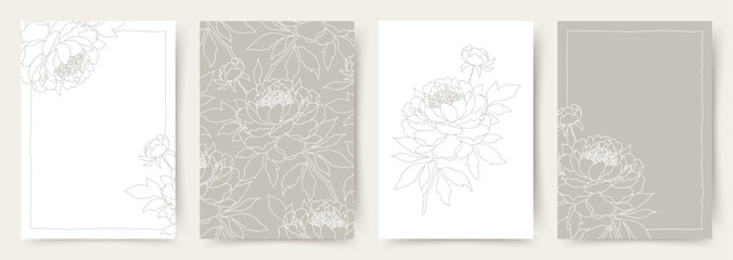 Wall Mural - floral background with elegant hand drawn flowers in line art style in beige tones. elegant vector i