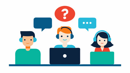Poster - Illustration of helpdesk representatives providing solutions and assistance to customers with common questions perfect for tech support and service use