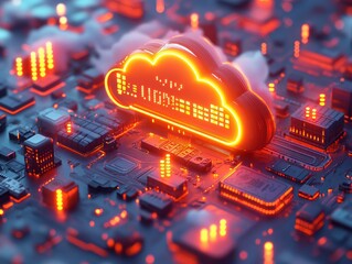 Fototapete - A cloud computing concept with a cityscape and computer components