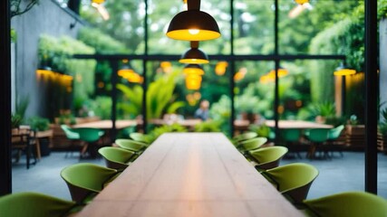 Poster - A lively coworking area with ergonomic long tables, enveloped by plants. This contemporary setting encourages teamwork and efficiency in a dynamic atmosphere.