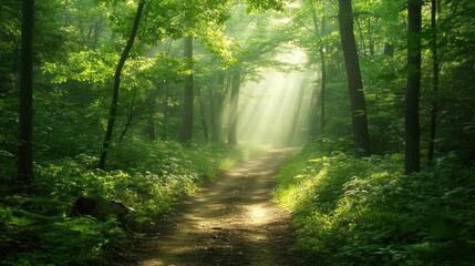  Forest path surrounded by lush green trees and sunlight streaming through the canopy