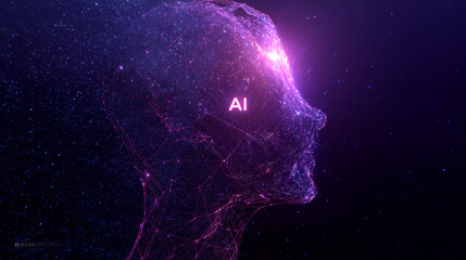 Poster - Abstract AI profile, glowing purple network, digital head silhouette, representing artificial intelligence, technology, and future innovation