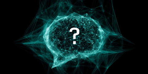 Poster - Teal network structure encloses question mark, suggesting uncertainty or search for answers, suitable for technological or inquisitive themes