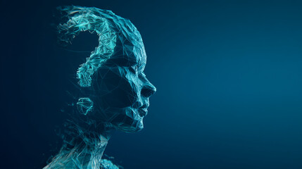Poster - Abstract digital profile of face, question mark integrated, teal color scheme on dark blue background, symbolizes questioning, curiosity, or AI