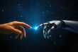 © Ahmed - Human hand touching robotic hand with electric spark between fingertips on digital circuit background. Conceptual studio illustration. Human and artificial intelligence connection concept.